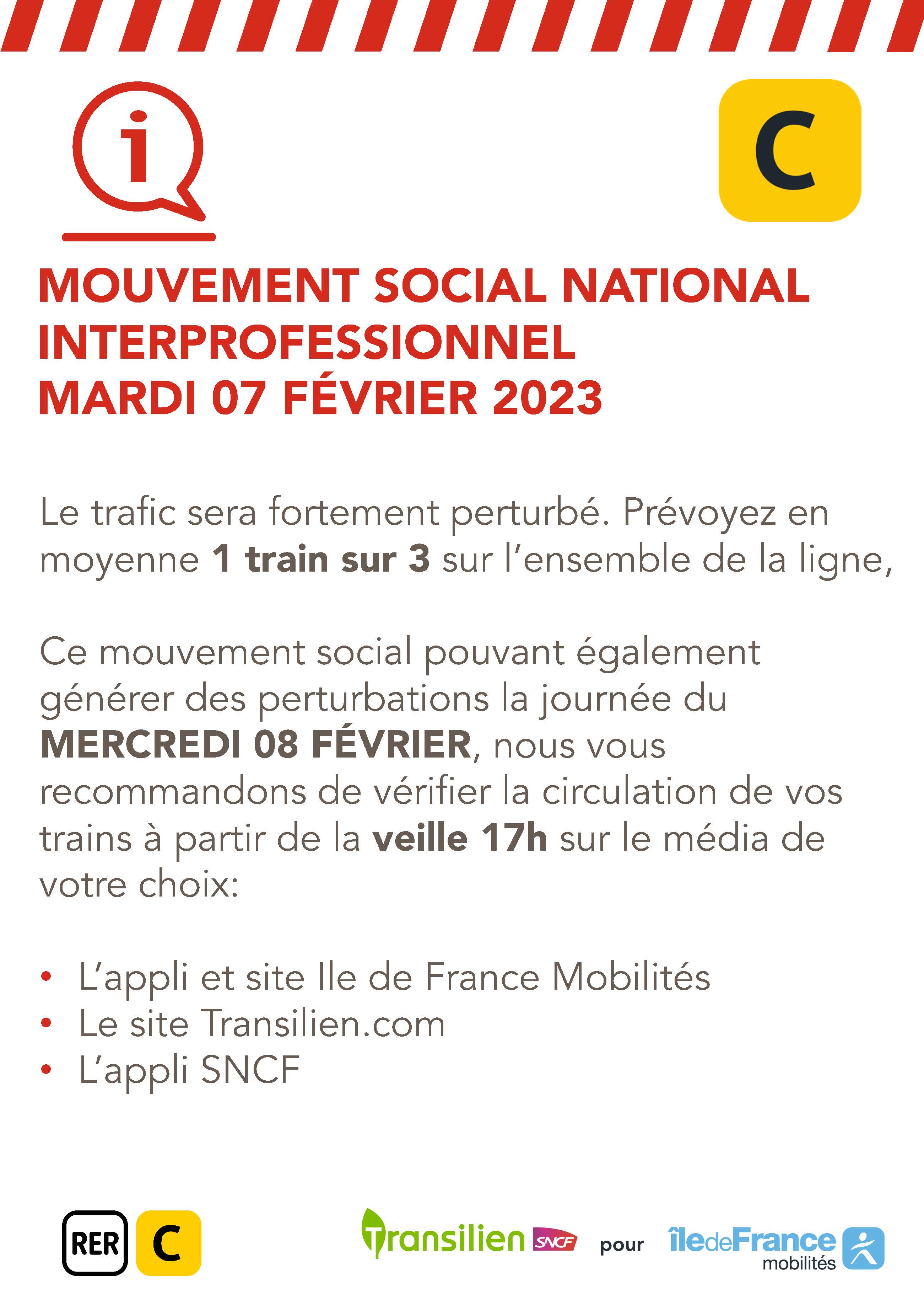 Info transports mardi 6 février : perturbation du trafic sur la ligne C du RER - Sncf Ligne C Mouvements Social Interprofessionnel 070223 Jpg